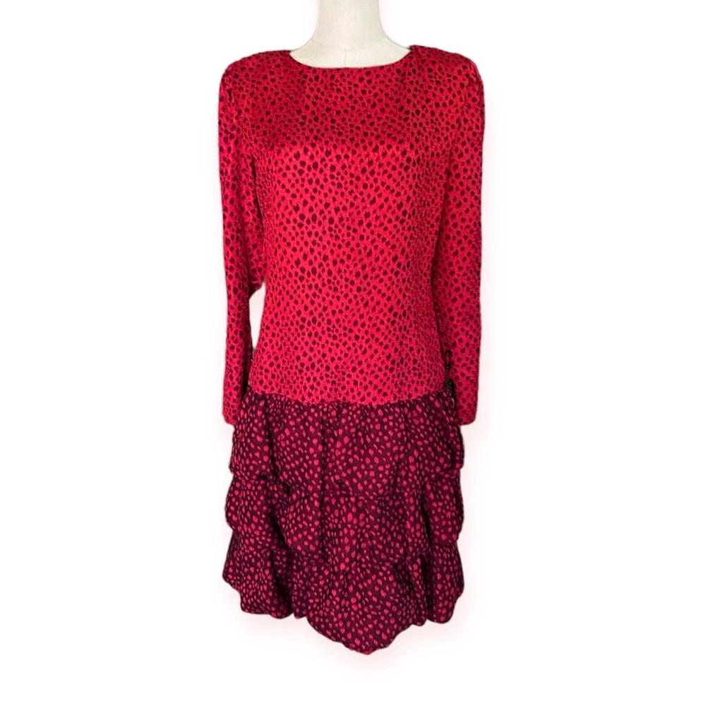 Vintage 80s Ursula Red & Black Long Sleeve Ruffle Dress size women’s small 5/6